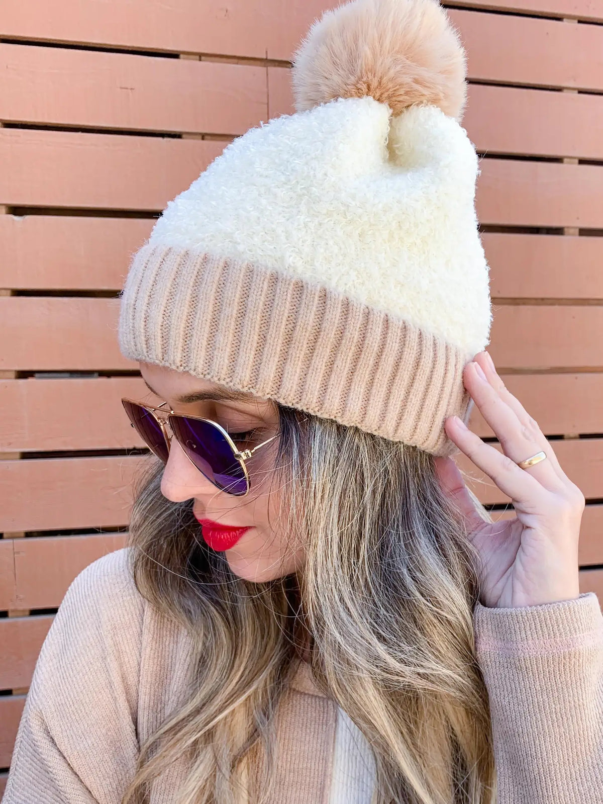 Soft Beanie Hat w/Faux Fur Pom