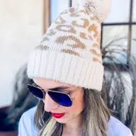 Leopard Print Knitted Beanie Hat w/Pom Pom