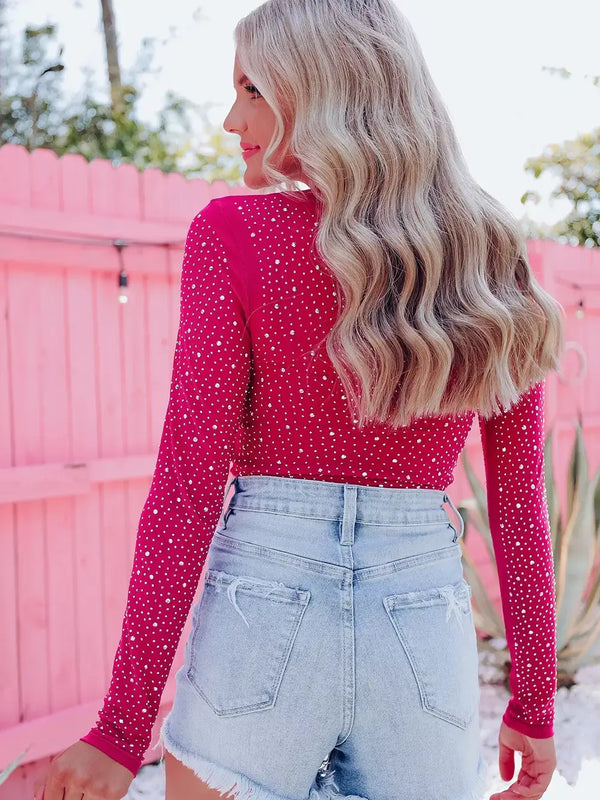 Rose Rhinestone O-Neck Long Sleeve Bodysuit