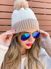 Soft Beanie Hat w/Faux Fur Pom